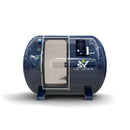 Front view of the YCMY-G02D navy blue oxygen chamber highlighting the explosion-proof sliding door and SY Qi Ling Yi Yang Cang branding for residential or commercial use.