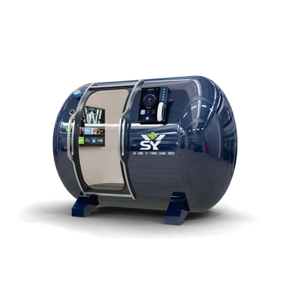 Interior view of the YCMY-G02D hyperbaric oxygen chamber featuring a 34-inch smart TV for entertainment and a six-stage air filtration system for a premium therapy experience.